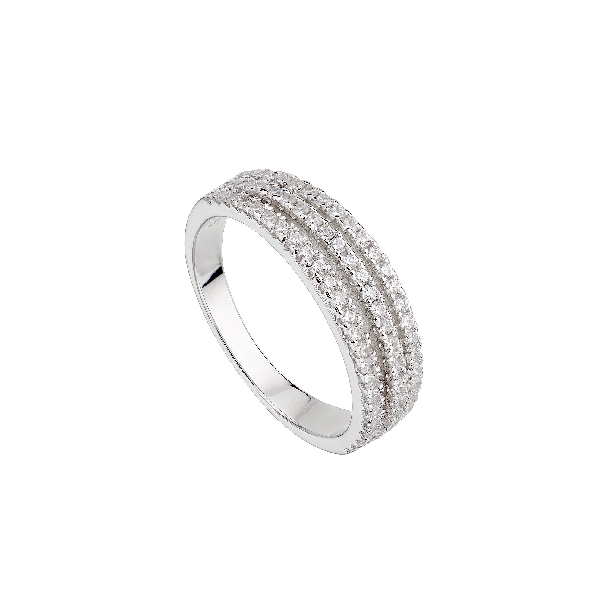 Anillo Media Alianza Triple en plata de ley con circonitas blancas en pavé, elegante y brillante, ideal para ocasiones especiales.