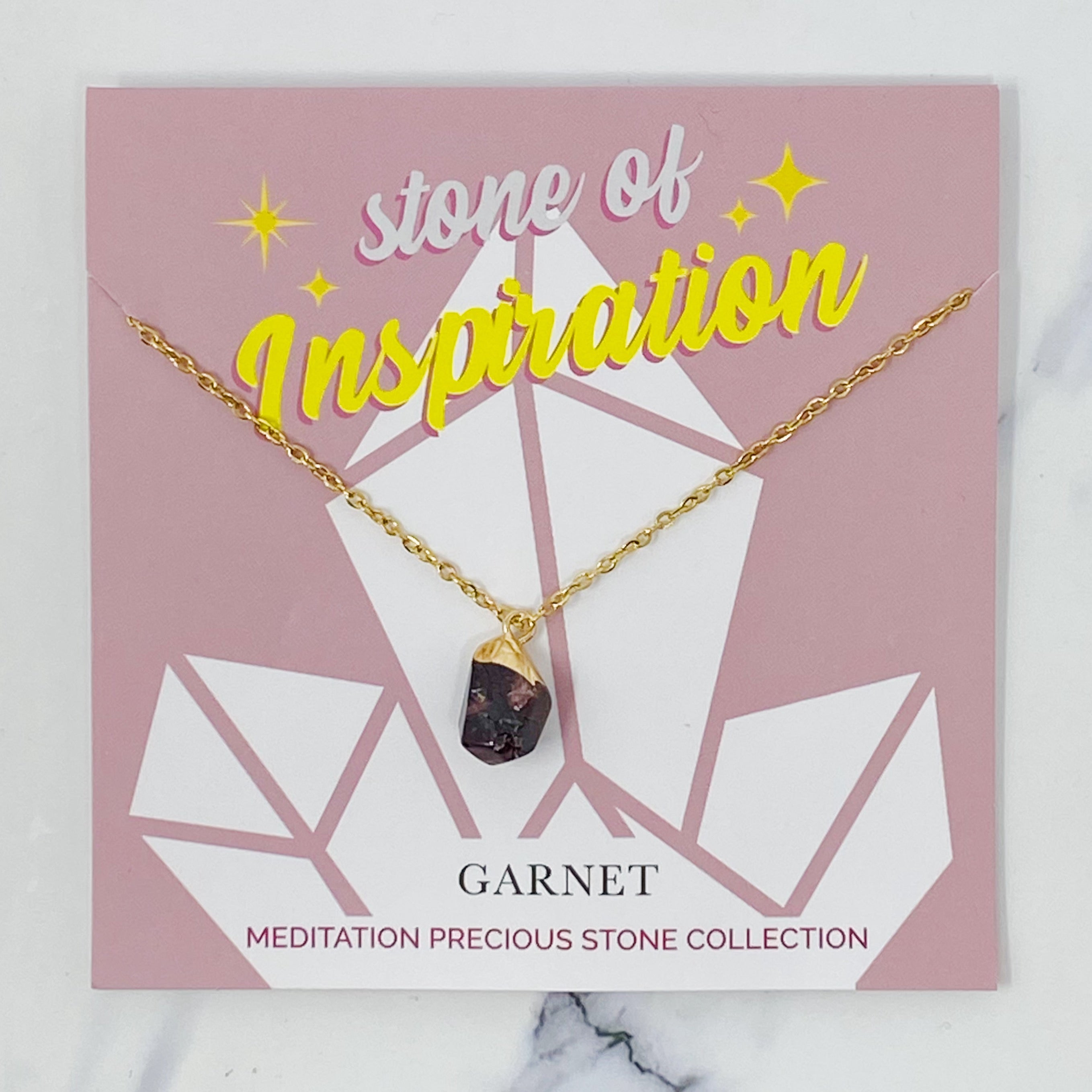 A beautiful Meditation Semi-Precious Stone Pendant Necklace featuring a natural stone pendant on a gold-plated stainless steel chain.