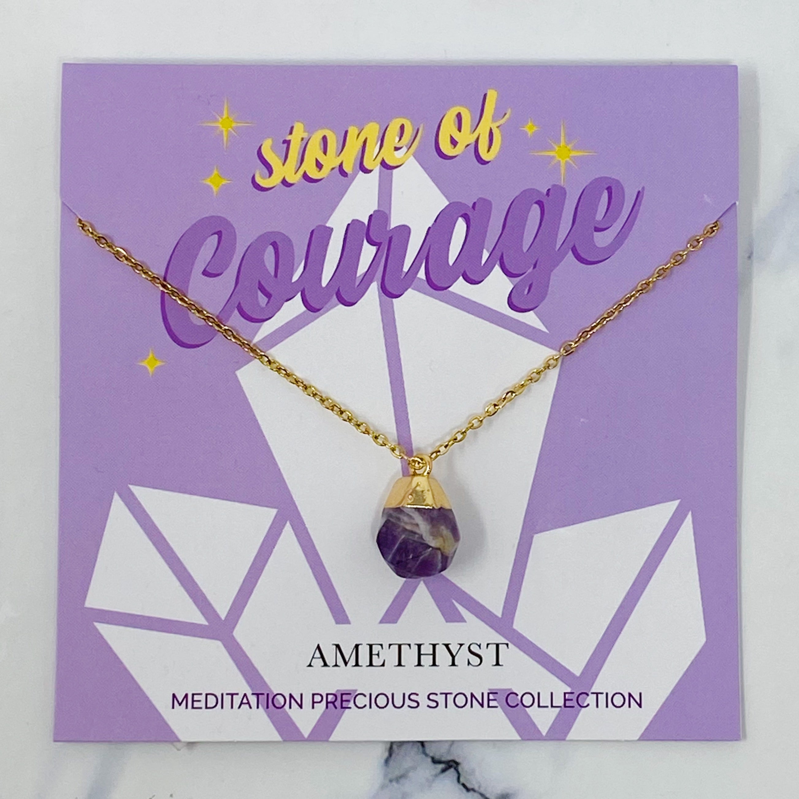 A beautiful Meditation Semi-Precious Stone Pendant Necklace featuring a natural stone pendant on a gold-plated stainless steel chain.