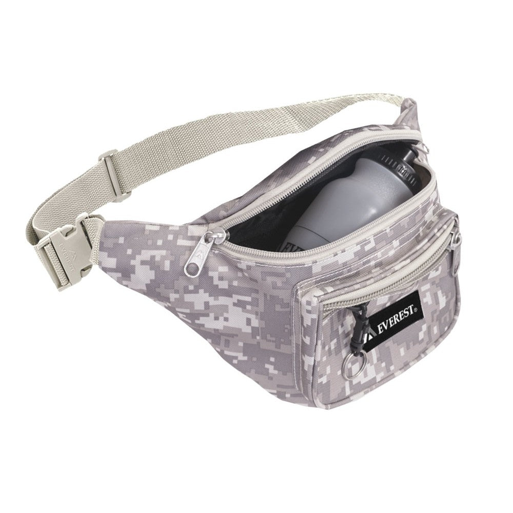 Medium Digital Camo Waist Pack featuring three zippered compartments and a snap waist buckle, made from durable 600D polyester.