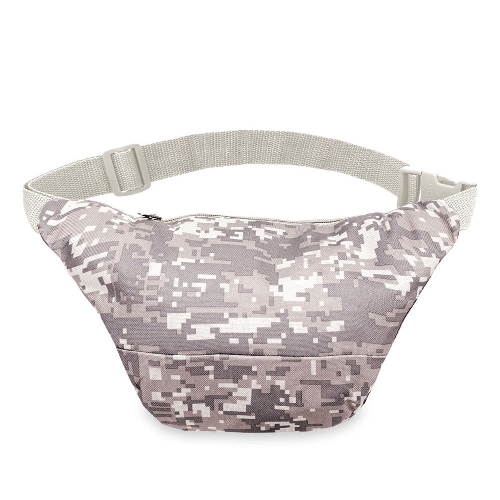 Medium Digital Camo Waist Pack featuring three zippered compartments and a snap waist buckle, made from durable 600D polyester.