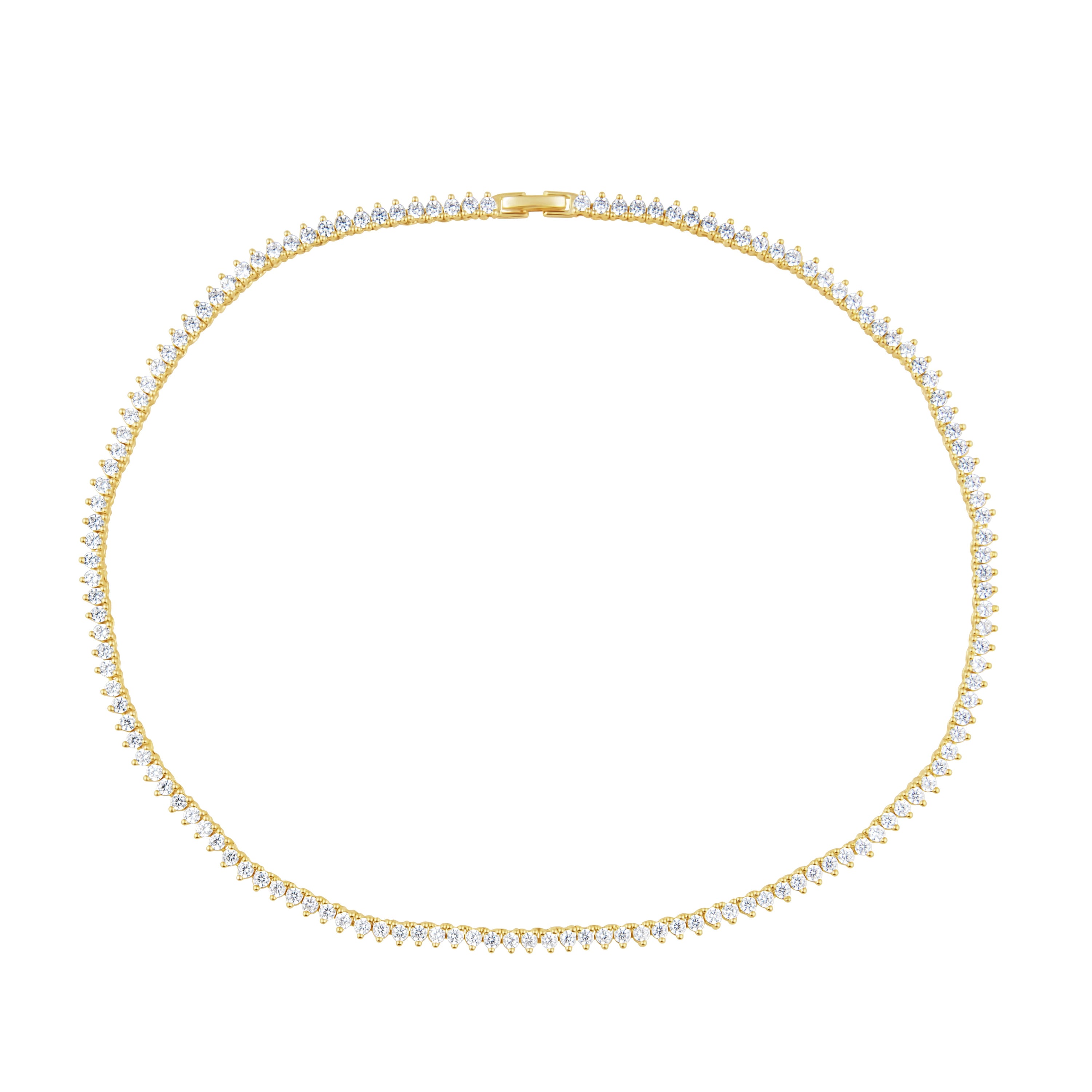 Melinda Tennis Necklace featuring clear CZ stones set in 14K gold plated sterling silver, elegantly designed for sparkle and sophistication.