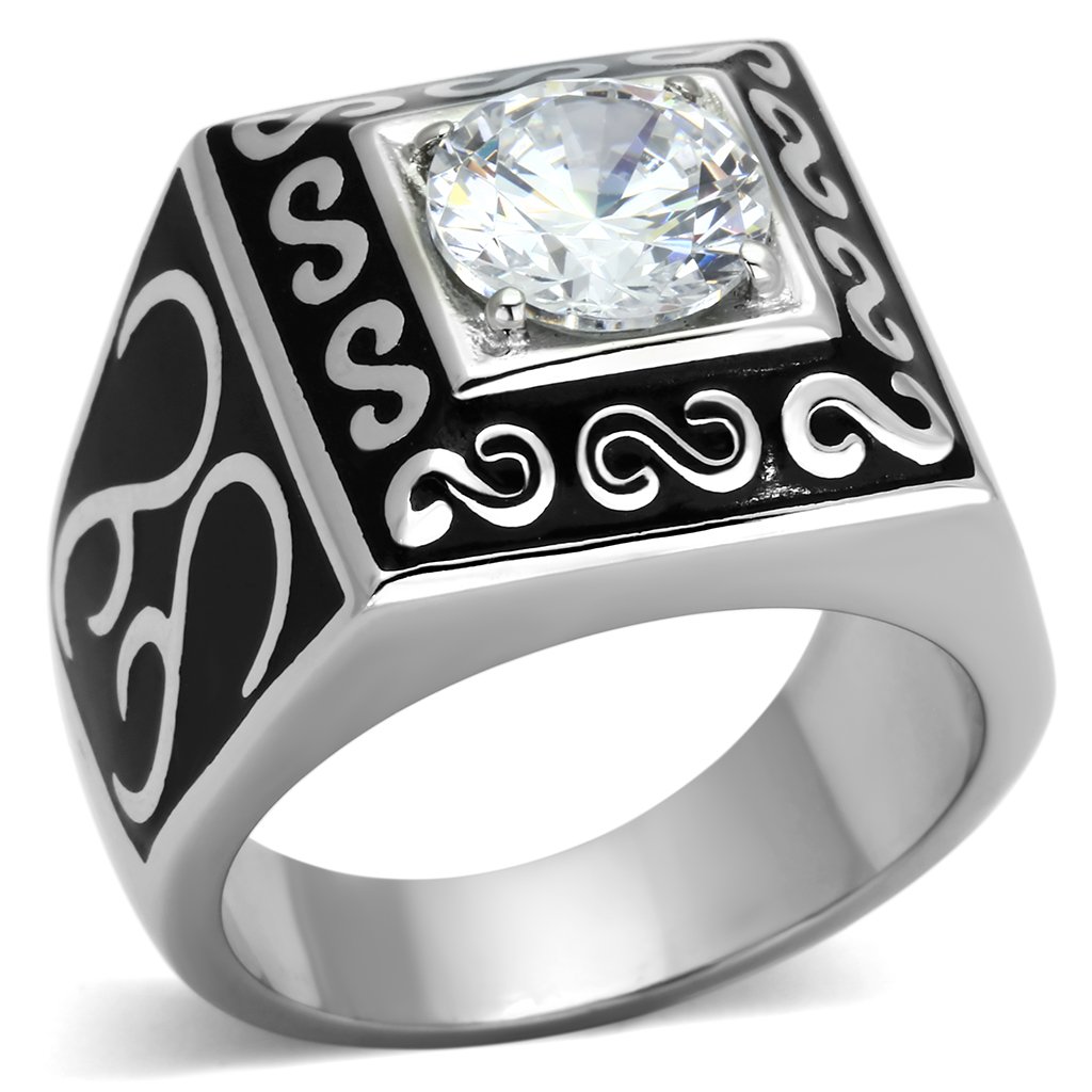 Men's stainless steel ring featuring clear cubic zirconia, high polished finish, elegant design.