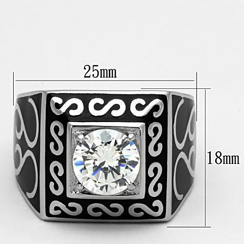 Men's stainless steel ring featuring clear cubic zirconia, high polished finish, elegant design.