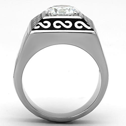 Men's stainless steel ring featuring clear cubic zirconia, high polished finish, elegant design.