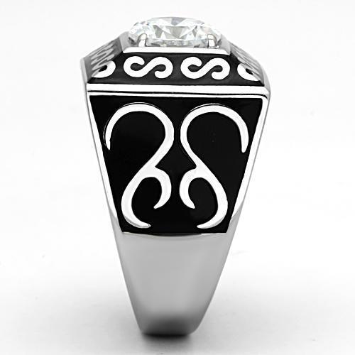 Men's stainless steel ring featuring clear cubic zirconia, high polished finish, elegant design.