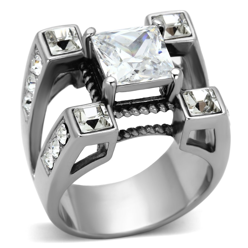 Men's stainless steel ring featuring clear cubic zirconia, high polished finish, stylish and durable design.