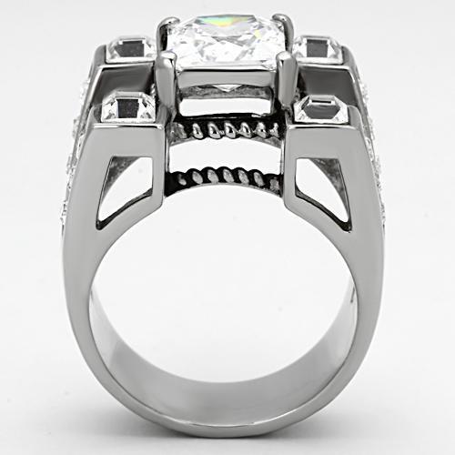 Men's stainless steel ring featuring clear cubic zirconia, high polished finish, stylish and durable design.