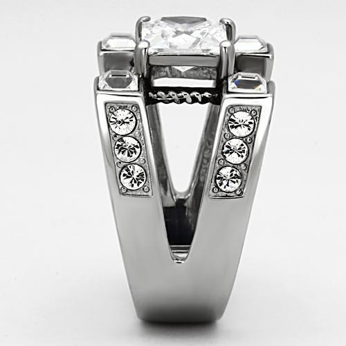 Men's stainless steel ring featuring clear cubic zirconia, high polished finish, stylish and durable design.