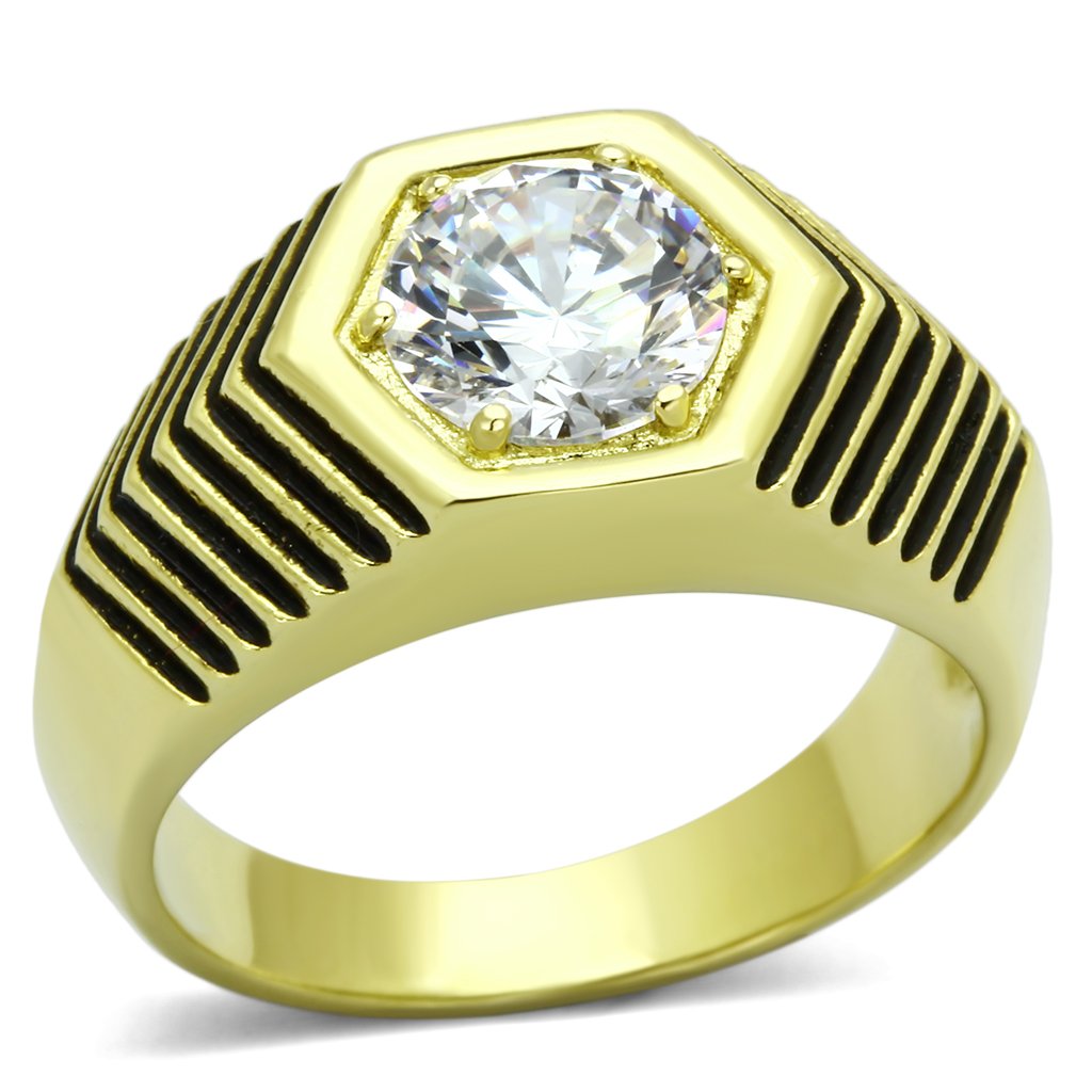 Men's stainless steel ring with cubic zirconia stones and IP gold ion plating, showcasing a sleek and elegant design.