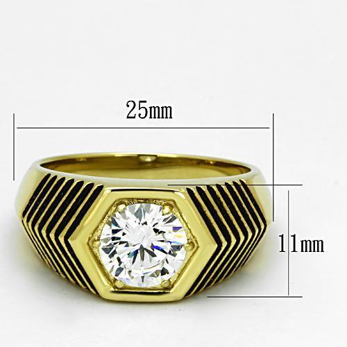 Men's stainless steel ring with cubic zirconia stones and IP gold ion plating, showcasing a sleek and elegant design.