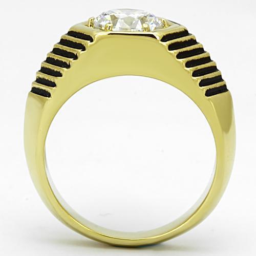 Men's stainless steel ring with cubic zirconia stones and IP gold ion plating, showcasing a sleek and elegant design.