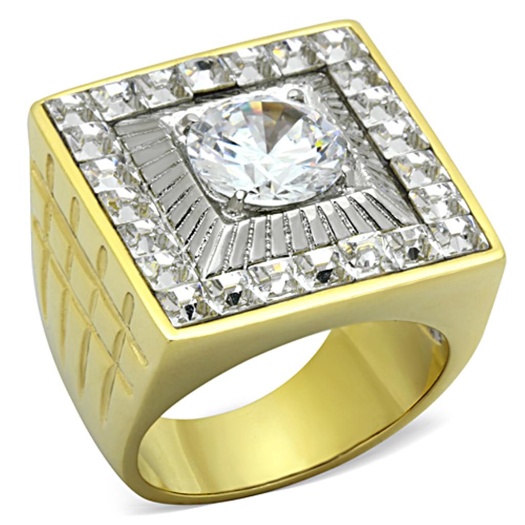 Men's stainless steel ring with cubic zirconia stones and two-tone gold finish, showcasing elegance and durability.