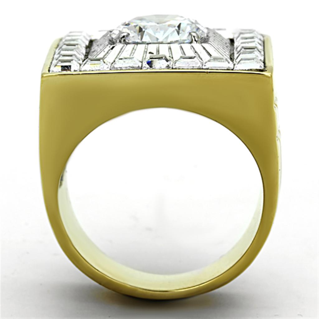 Men's stainless steel ring with cubic zirconia stones and two-tone gold finish, showcasing elegance and durability.