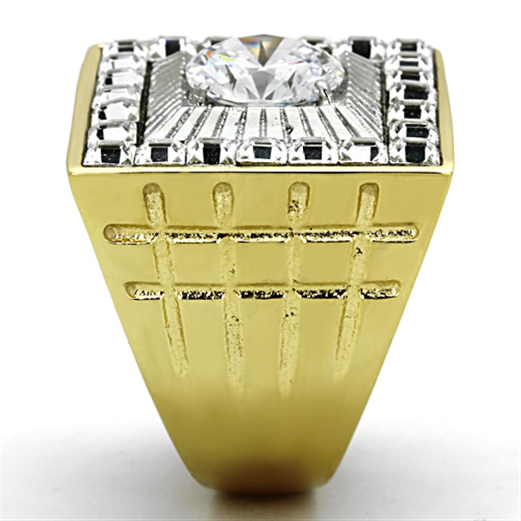 Men's stainless steel ring with cubic zirconia stones and two-tone gold finish, showcasing elegance and durability.