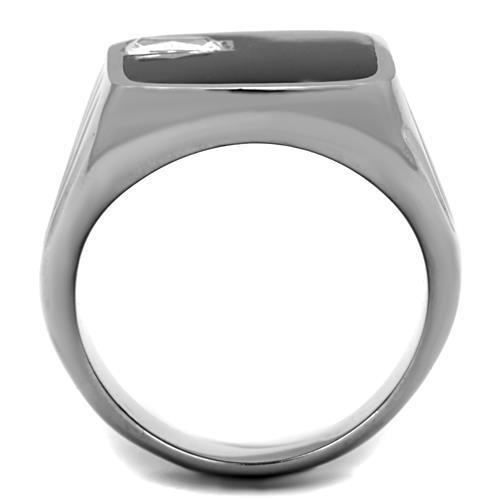 Men's stainless steel ring featuring clear cubic zirconia stones with a high-polished finish, showcasing elegance and durability.