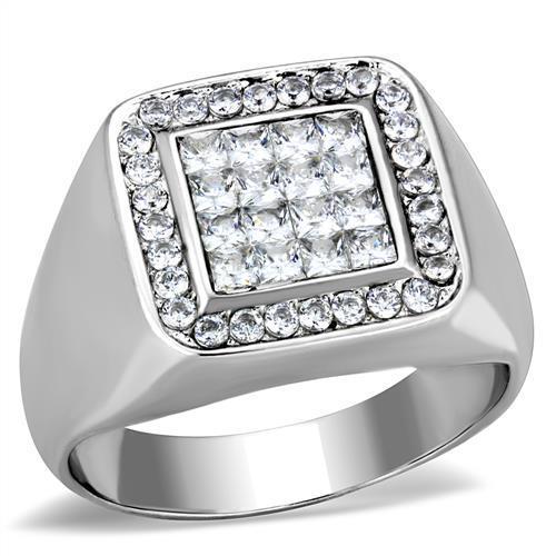 Men's stainless steel ring featuring clear cubic zirconia stones with a high-polished finish.