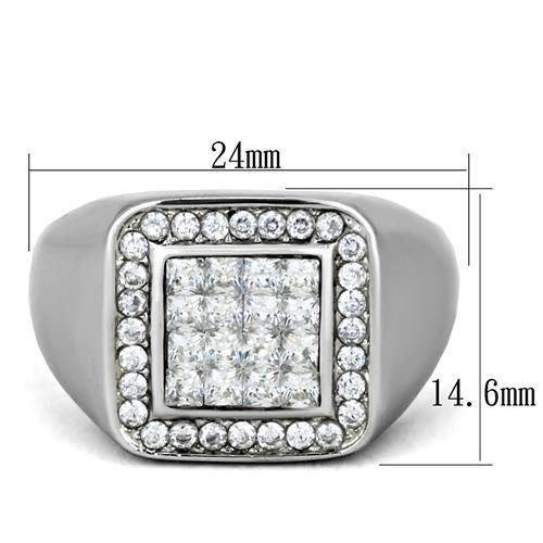 Men's stainless steel ring featuring clear cubic zirconia stones with a high-polished finish.