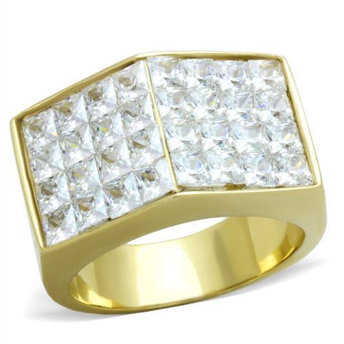 Men's stainless steel ring with cubic zirconia accents and IP gold ion plating, showcasing a modern and elegant design.