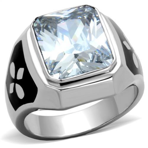 Men's stainless steel ring with cubic zirconia stones, high-polished finish, elegant design.