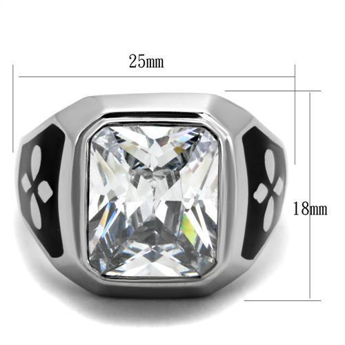 Men's stainless steel ring with cubic zirconia stones, high-polished finish, elegant design.