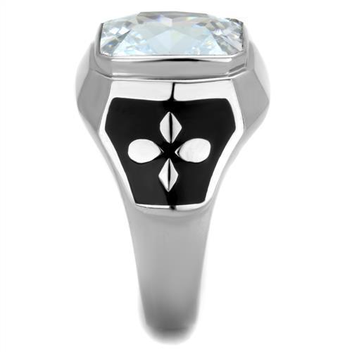 Men's stainless steel ring with cubic zirconia stones, high-polished finish, elegant design.