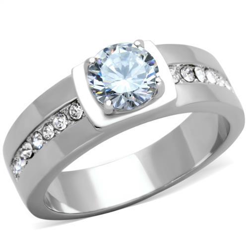 Men's stainless steel ring featuring clear cubic zirconia stones, high polished finish, elegant design.