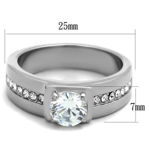 Men's stainless steel ring featuring clear cubic zirconia stones, high polished finish, elegant design.