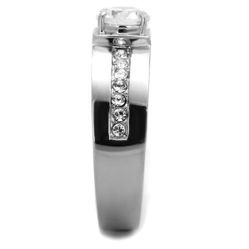 Men's stainless steel ring featuring clear cubic zirconia stones, high polished finish, elegant design.