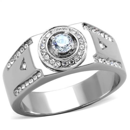 Men's stainless steel ring featuring clear cubic zirconia stones with a high polished finish, showcasing elegance and durability.