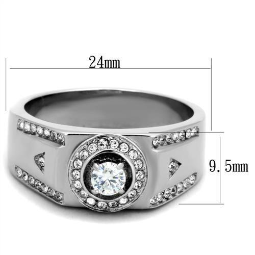 Men's stainless steel ring featuring clear cubic zirconia stones with a high polished finish, showcasing elegance and durability.