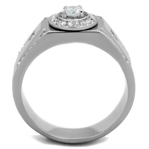 Men's stainless steel ring featuring clear cubic zirconia stones with a high polished finish, showcasing elegance and durability.