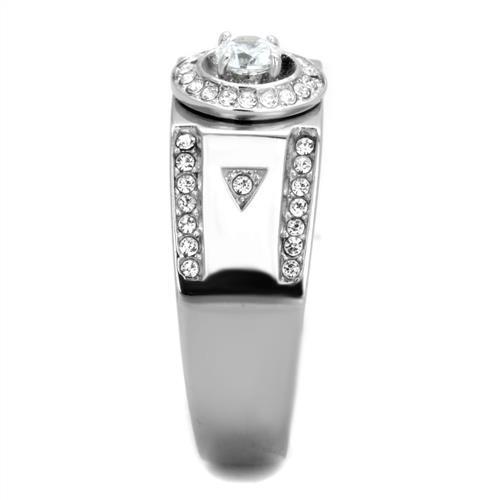 Men's stainless steel ring featuring clear cubic zirconia stones with a high polished finish, showcasing elegance and durability.