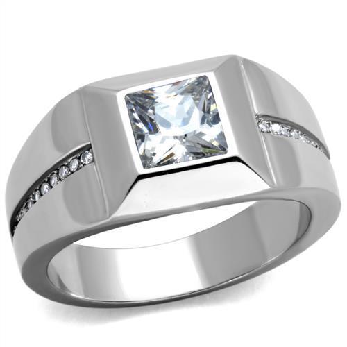 Men's stainless steel ring featuring clear cubic zirconia, high polished finish, showcasing elegance and durability.