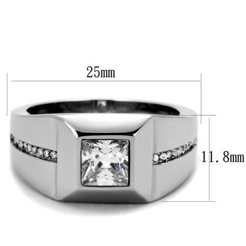 Men's stainless steel ring featuring clear cubic zirconia, high polished finish, showcasing elegance and durability.