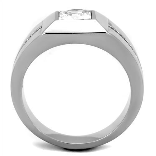 Men's stainless steel ring featuring clear cubic zirconia, high polished finish, showcasing elegance and durability.