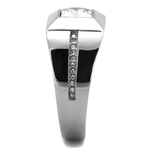 Men's stainless steel ring featuring clear cubic zirconia, high polished finish, showcasing elegance and durability.