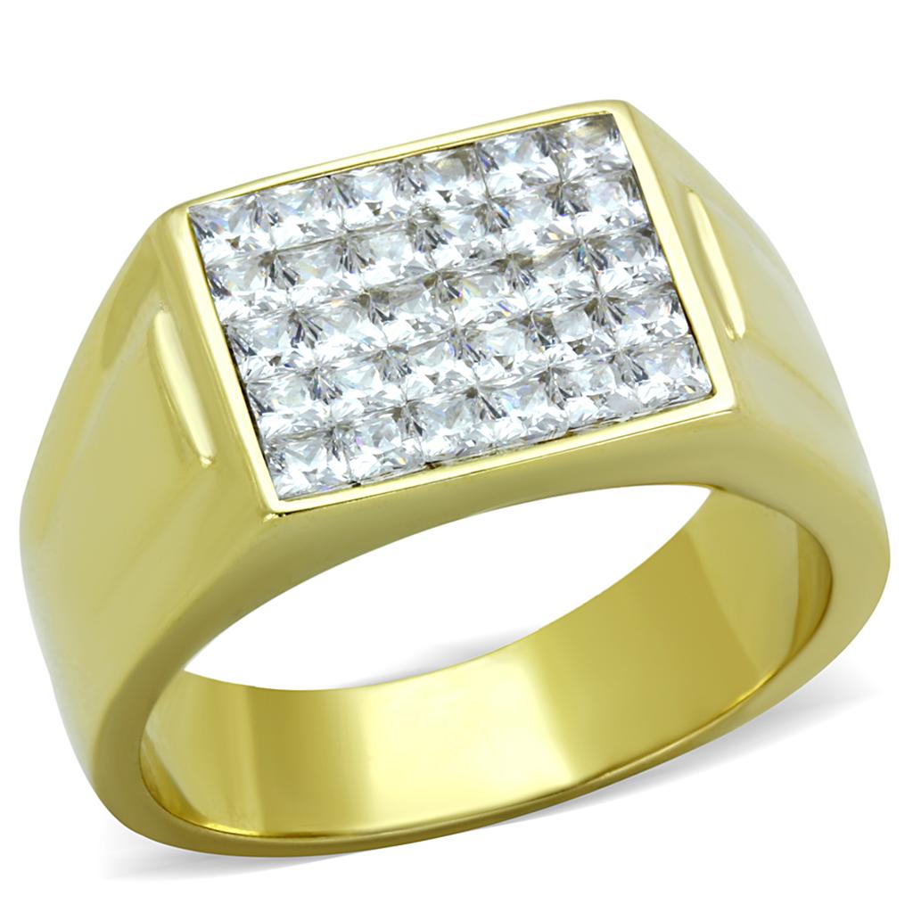 Men's stainless steel ring with cubic zirconia stones and IP gold ion plating, showcasing a sleek and elegant design.