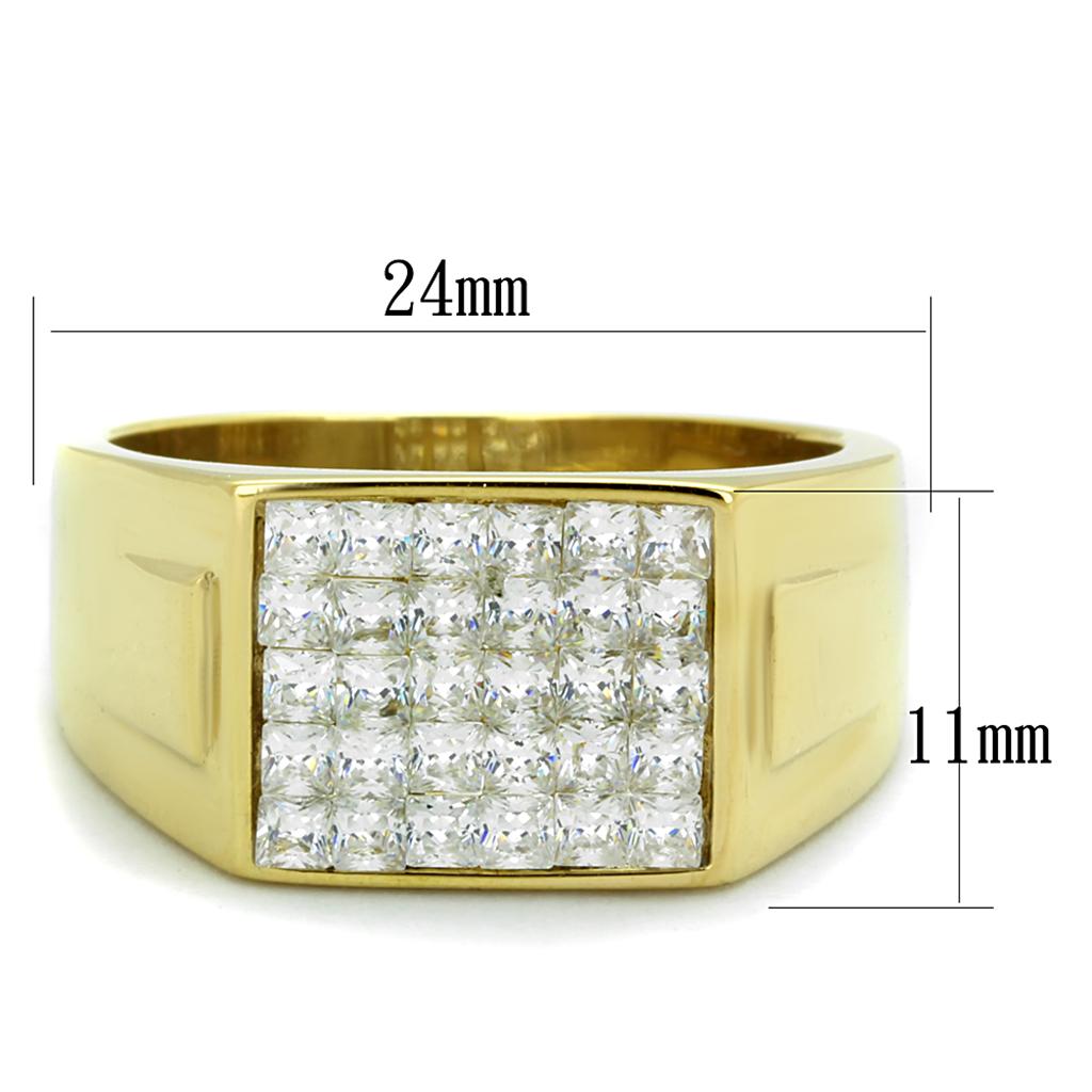 Men's stainless steel ring with cubic zirconia stones and IP gold ion plating, showcasing a sleek and elegant design.