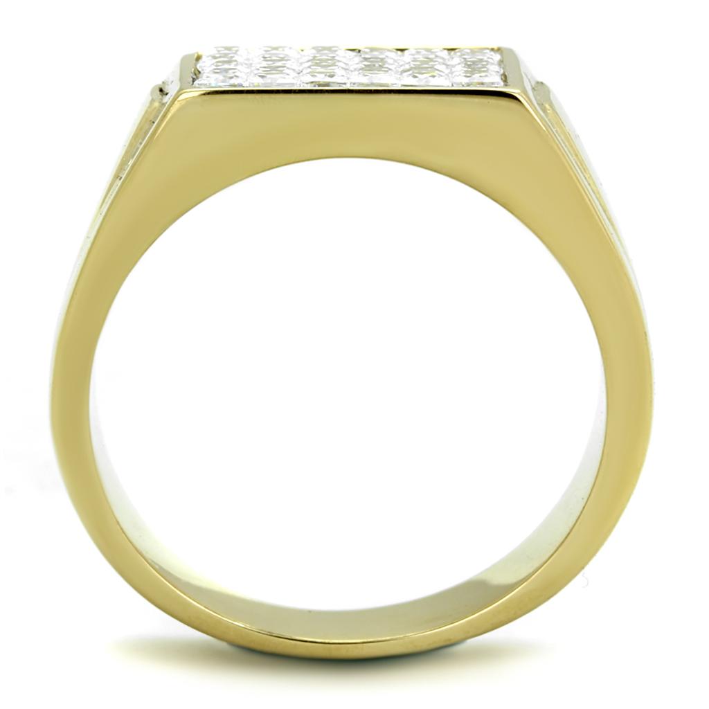 Men's stainless steel ring with cubic zirconia stones and IP gold ion plating, showcasing a sleek and elegant design.