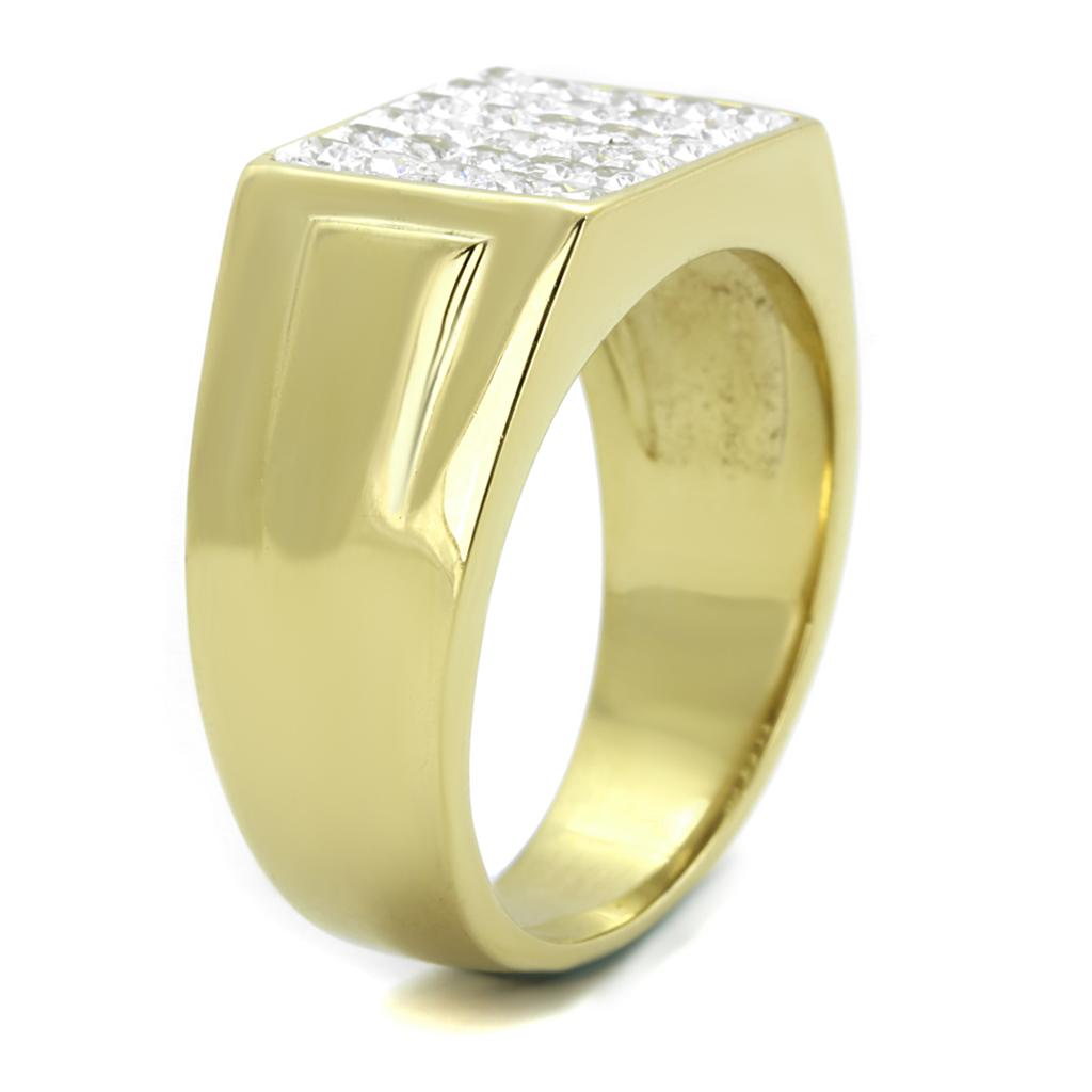 Men's stainless steel ring with cubic zirconia stones and IP gold ion plating, showcasing a sleek and elegant design.