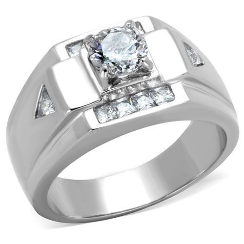 Men's stainless steel ring featuring clear cubic zirconia stones with a high polished finish, showcasing elegance and durability.