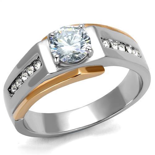 Men's stainless steel ring with cubic zirconia stones and rose gold accents, showcasing a modern and elegant design.