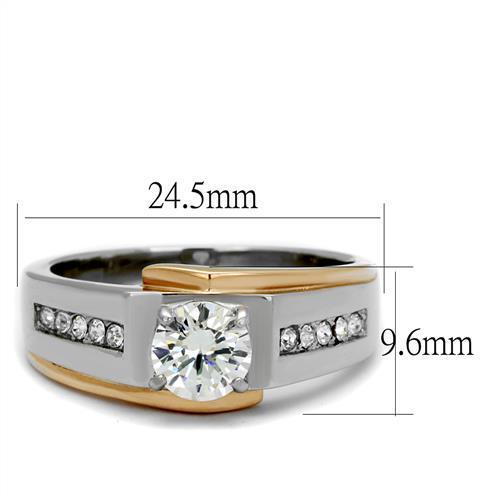 Men's stainless steel ring with cubic zirconia stones and rose gold accents, showcasing a modern and elegant design.