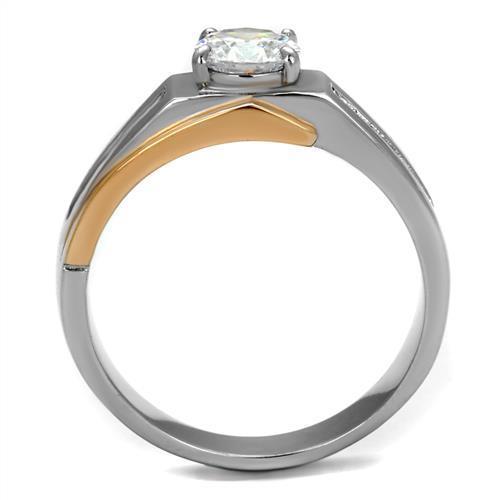 Men's stainless steel ring with cubic zirconia stones and rose gold accents, showcasing a modern and elegant design.