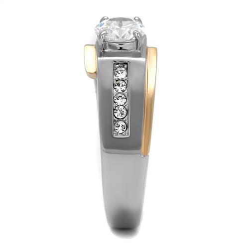 Men's stainless steel ring with cubic zirconia stones and rose gold accents, showcasing a modern and elegant design.