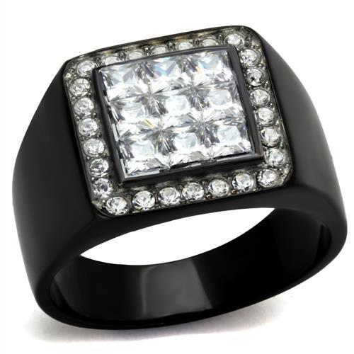 Men's stainless steel ring with cubic zirconia, featuring a two-tone IP black finish, stylish and durable design.