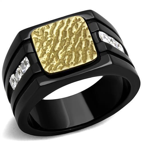 Men's stainless steel ring with cubic zirconia stones and two-tone gold finish, showcasing elegance and durability.