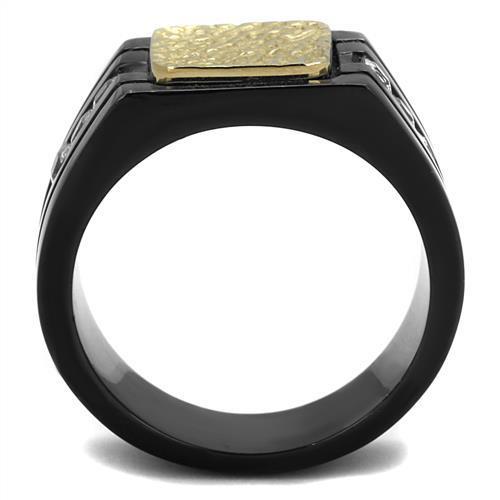 Men's stainless steel ring with cubic zirconia stones and two-tone gold finish, showcasing elegance and durability.