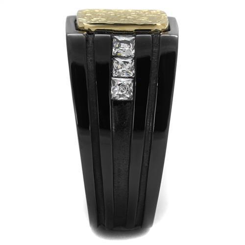 Men's stainless steel ring with cubic zirconia stones and two-tone gold finish, showcasing elegance and durability.